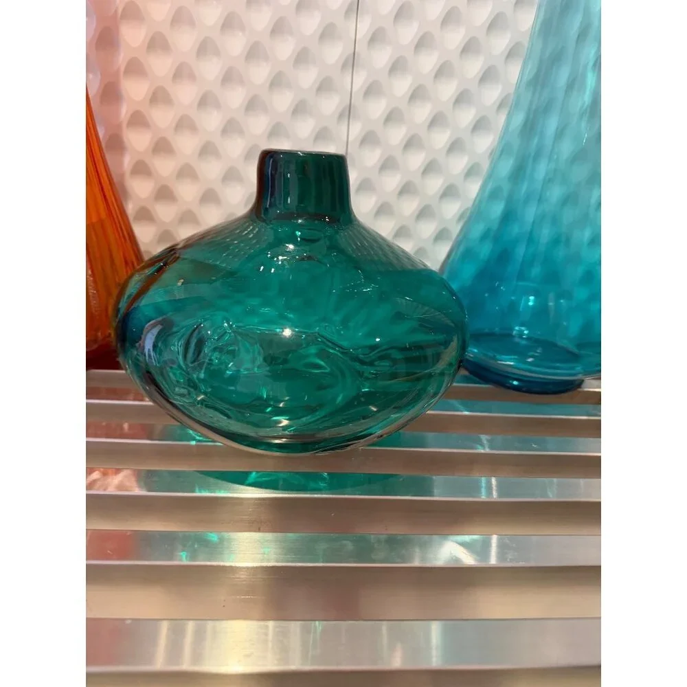 Hand Blown Mid-century Modern Art Heavy  Glass Pinched Vase Green Collectible
